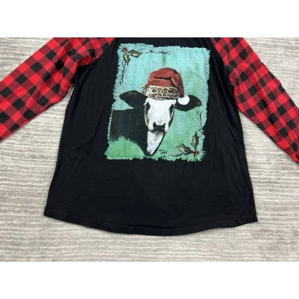 Crazy Train Top Womens‎ Large Multicolor Check Raglan Sleeves Cow Graphic - Picture 3 of 12